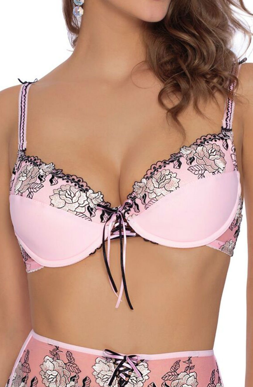 Roza Natali Pink Floral Embroidered Bra with Lace-Up Detail