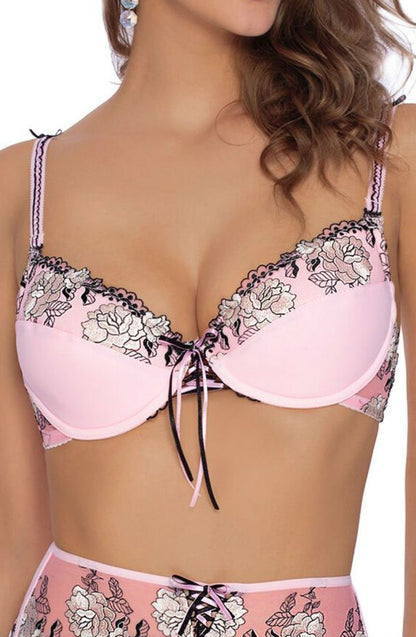 Roza Natali Pink Floral Embroidered Bra with Lace-Up Detail