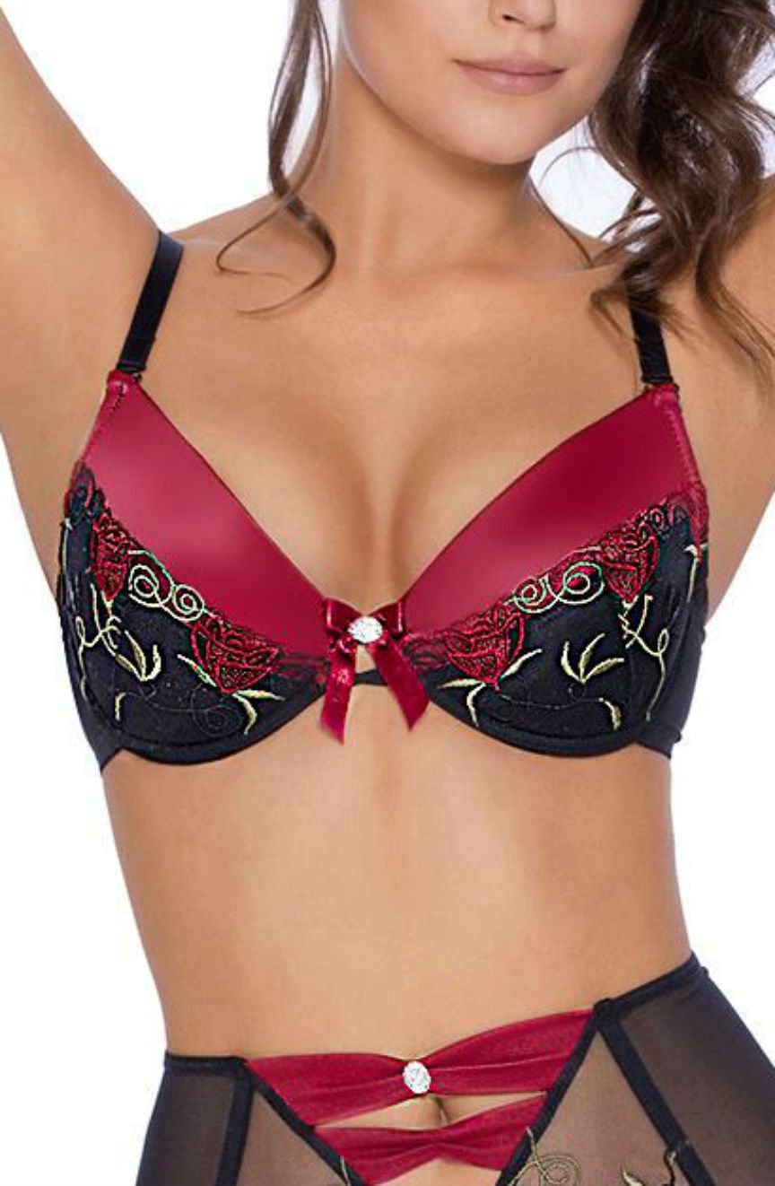 Roza Rufina Black Bra with Floral Lace Embroidery and Push Up Design