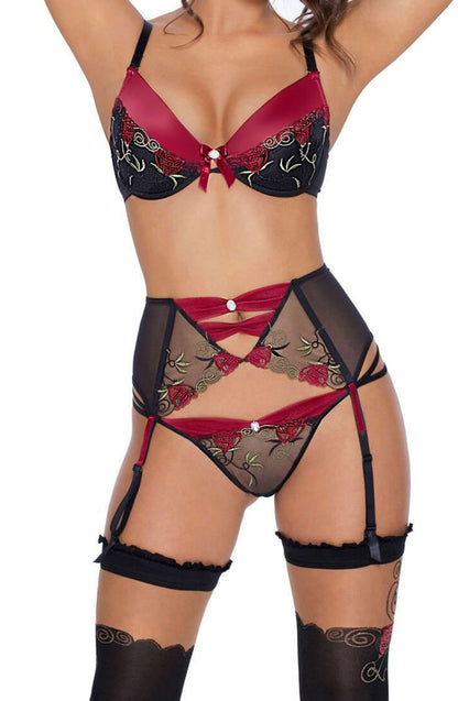 Roza Rufina Black Bra with Floral Lace Embroidery and Push Up Design