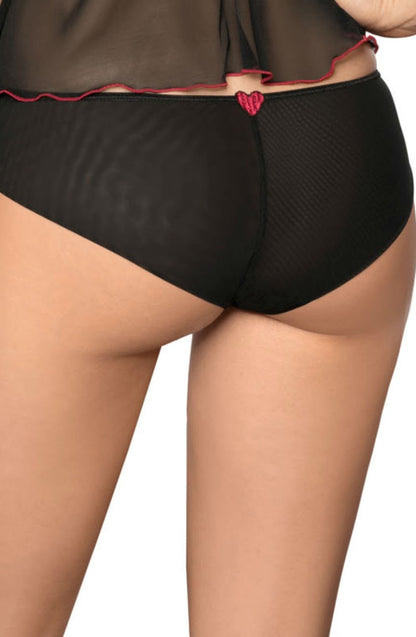 Roza Rubii Black lightweight mesh Tulle Brief with Heart Embroidery Detail