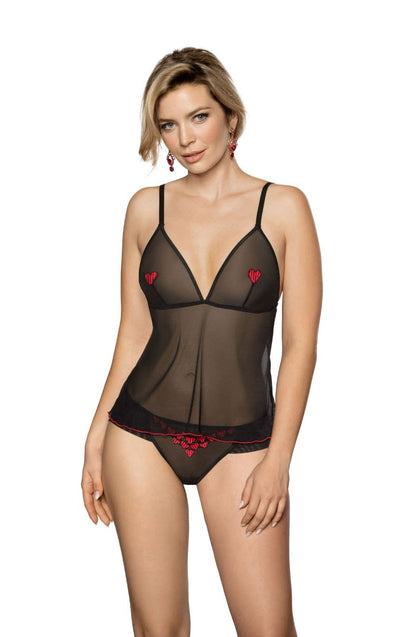 Roza Rubii Black lightweight mesh Tulle Top with Red Heart Embroidery for Women