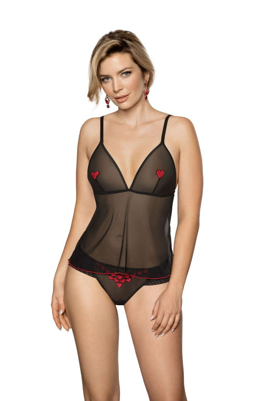 Roza Rubii Black lightweight mesh Tulle Top with Red Heart Embroidery for Women