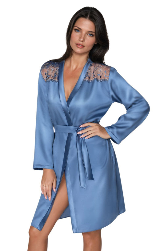 Irall Sapphire Azure Satin Dressing Gown with Embroidered Sleeves and Belt