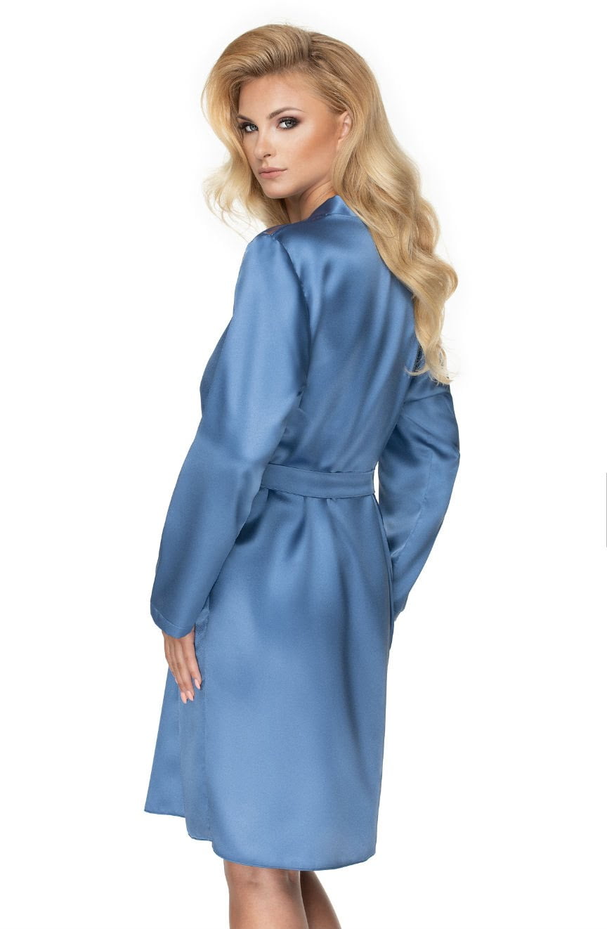 Irall Sapphire Azure Satin Dressing Gown with Embroidered Sleeves and Belt