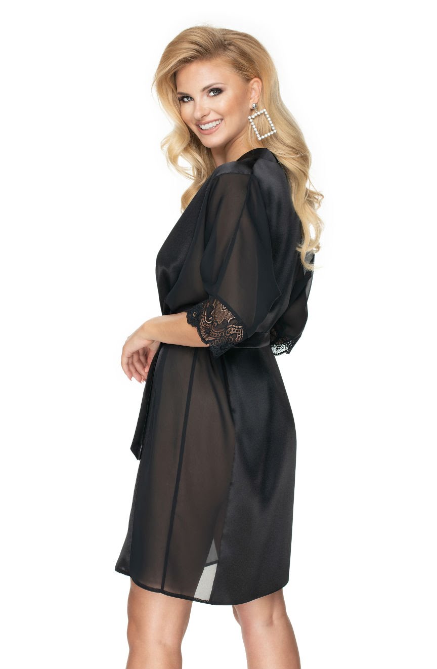 Irall Sharon Black Satin and Chiffon Dressing Gown with Lace Sleeves