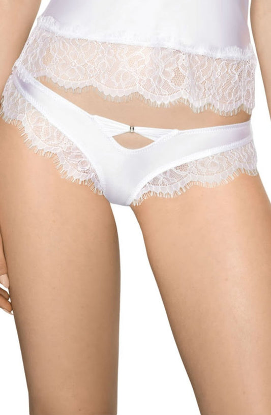 Roza Sija White Satin Feel Briefs with Eyelash Lace and Diamante Bow Trim