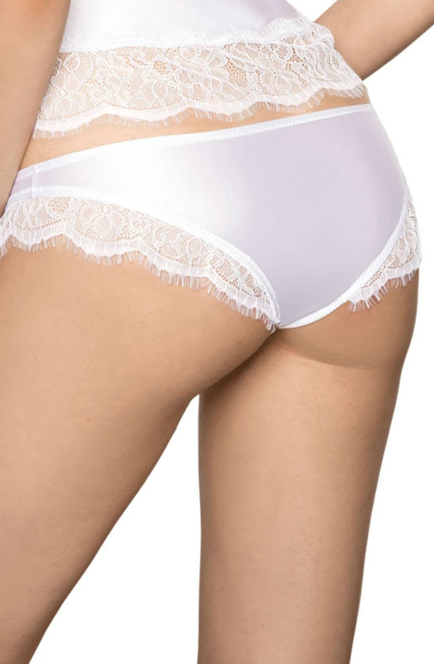 Roza Sija White Satin Feel Briefs with Eyelash Lace and Diamante Bow Trim