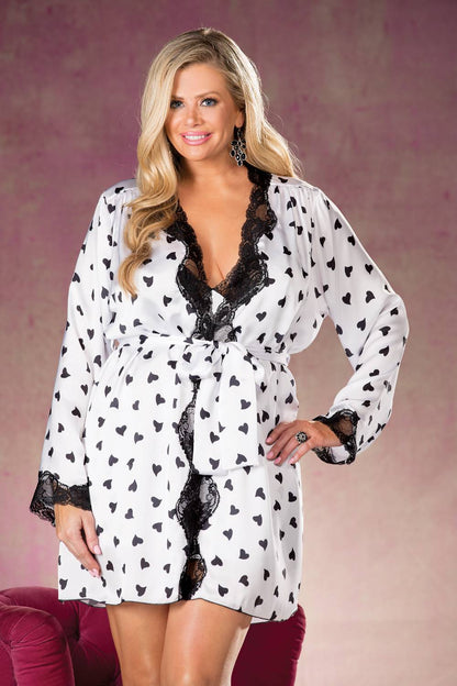 Shirley of Hollywood Heart Print Lace Charmeuse Kimono Robe with Tie Closure and Belt