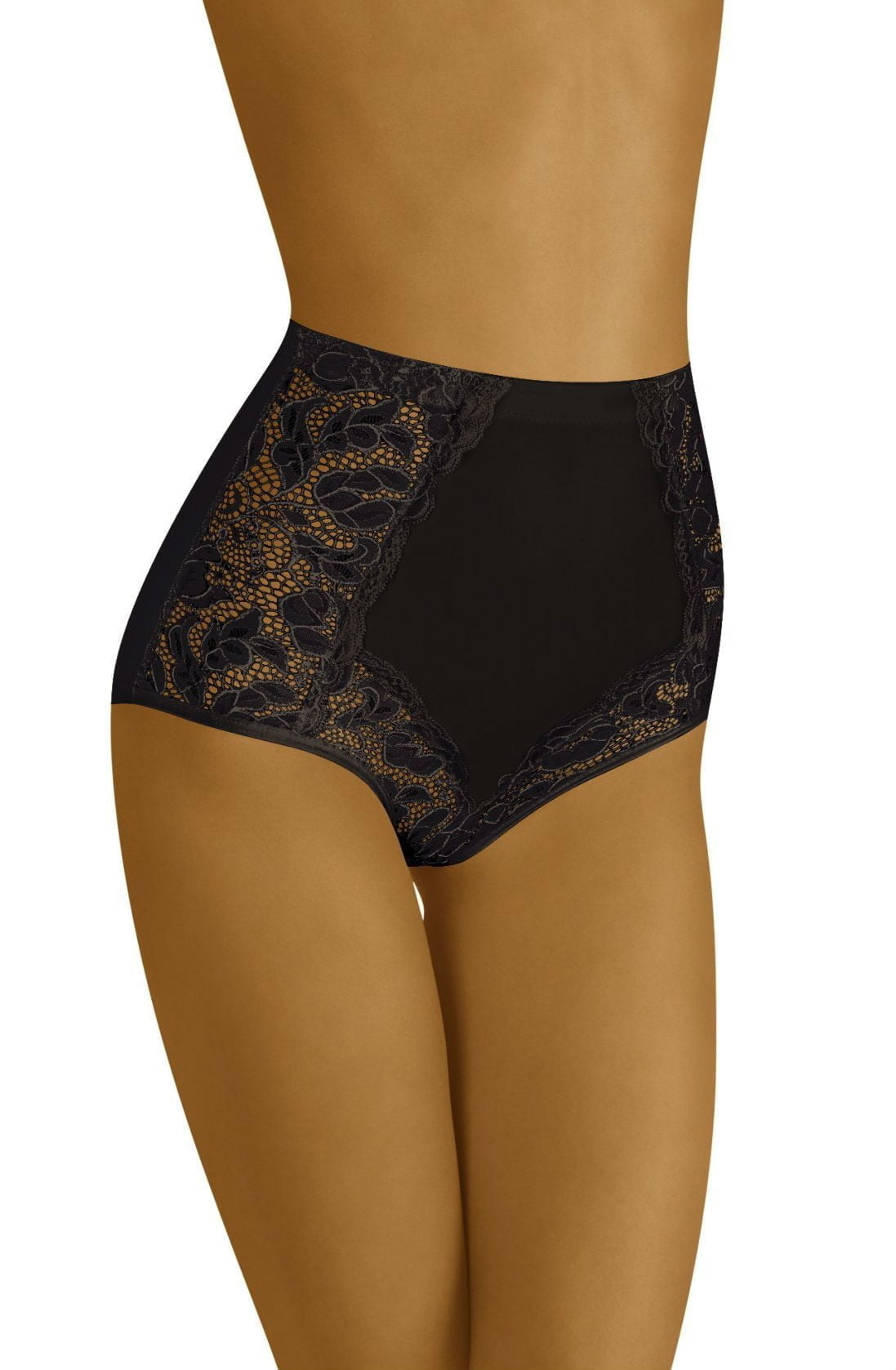 Wolbar Eleganta Black High Waisted Briefs with Floral Lace Embroidery Panels