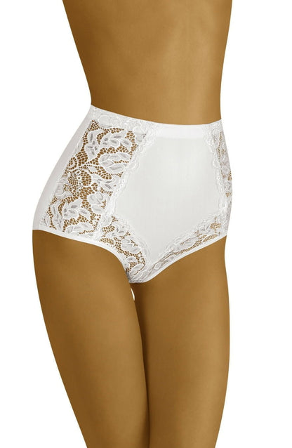 Wolbar Eleganta White High Waisted Briefs with Embroidered Lace Panels for Women