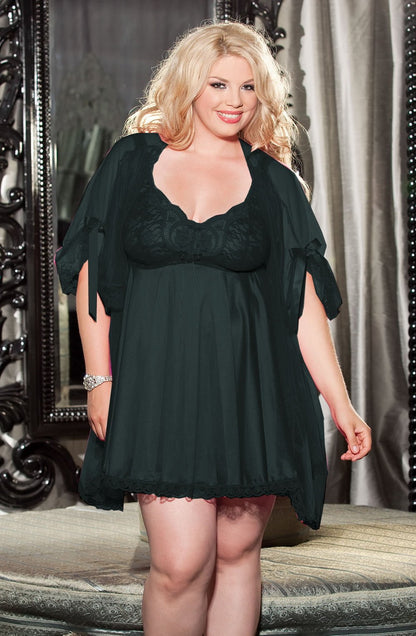 Shirley of Hollywood Black 3-Piece Halter Dress Set with Lace Cups, G-String, and Lightweight Mesh Robe
