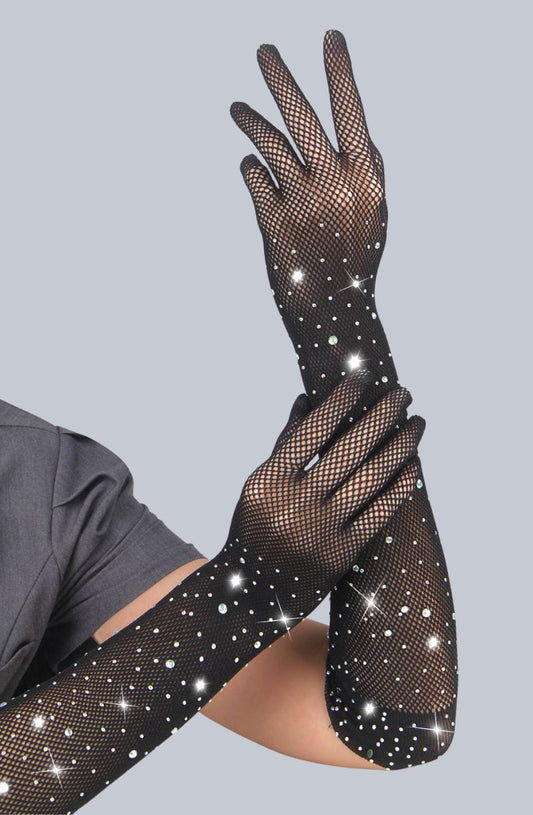 Yesx Black Fishnet Gloves with Rhinestones Sparkly Design - Bodybloom