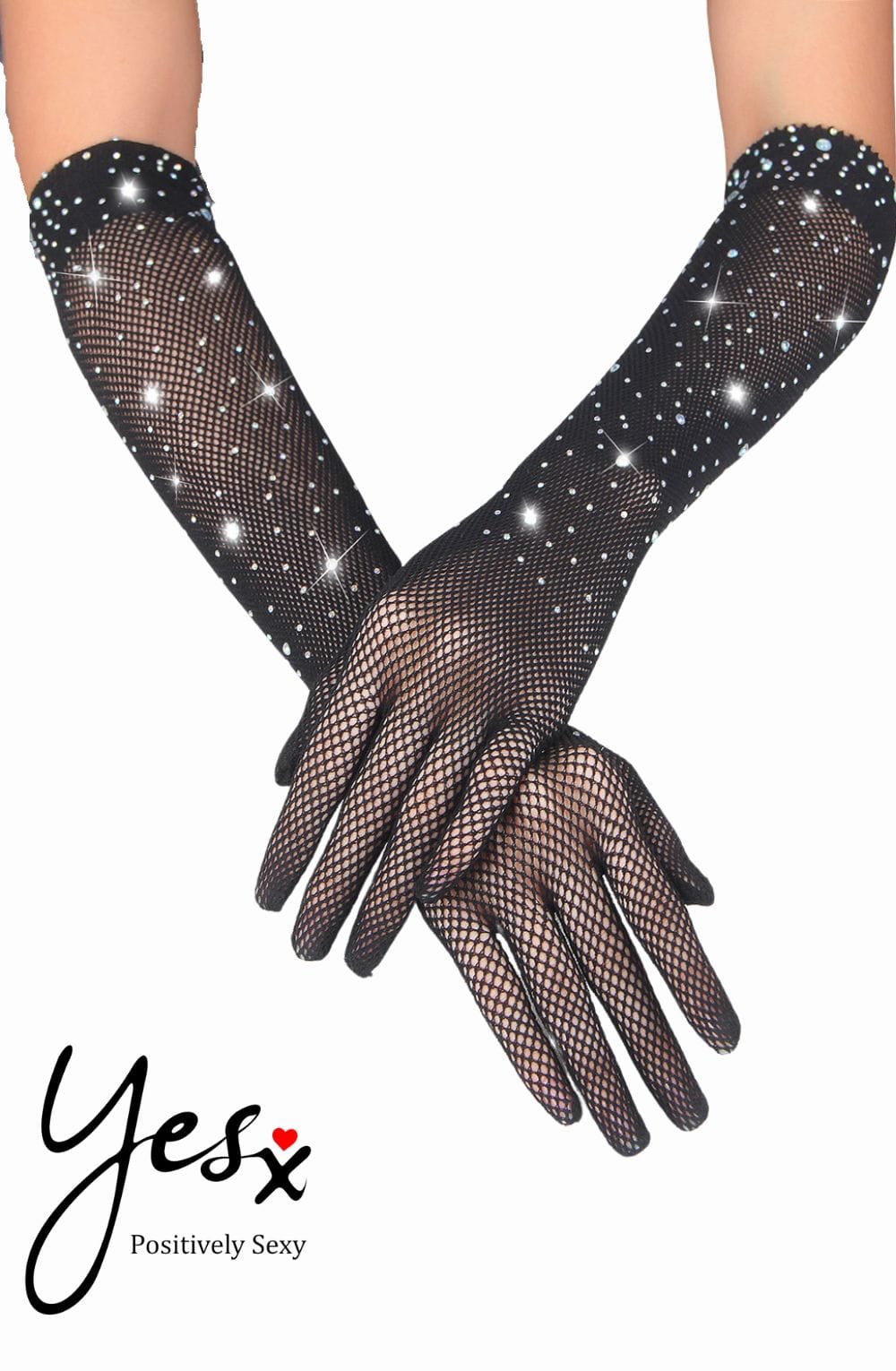 Yesx Black Fishnet Gloves with Rhinestones Sparkly Design - Bodybloom