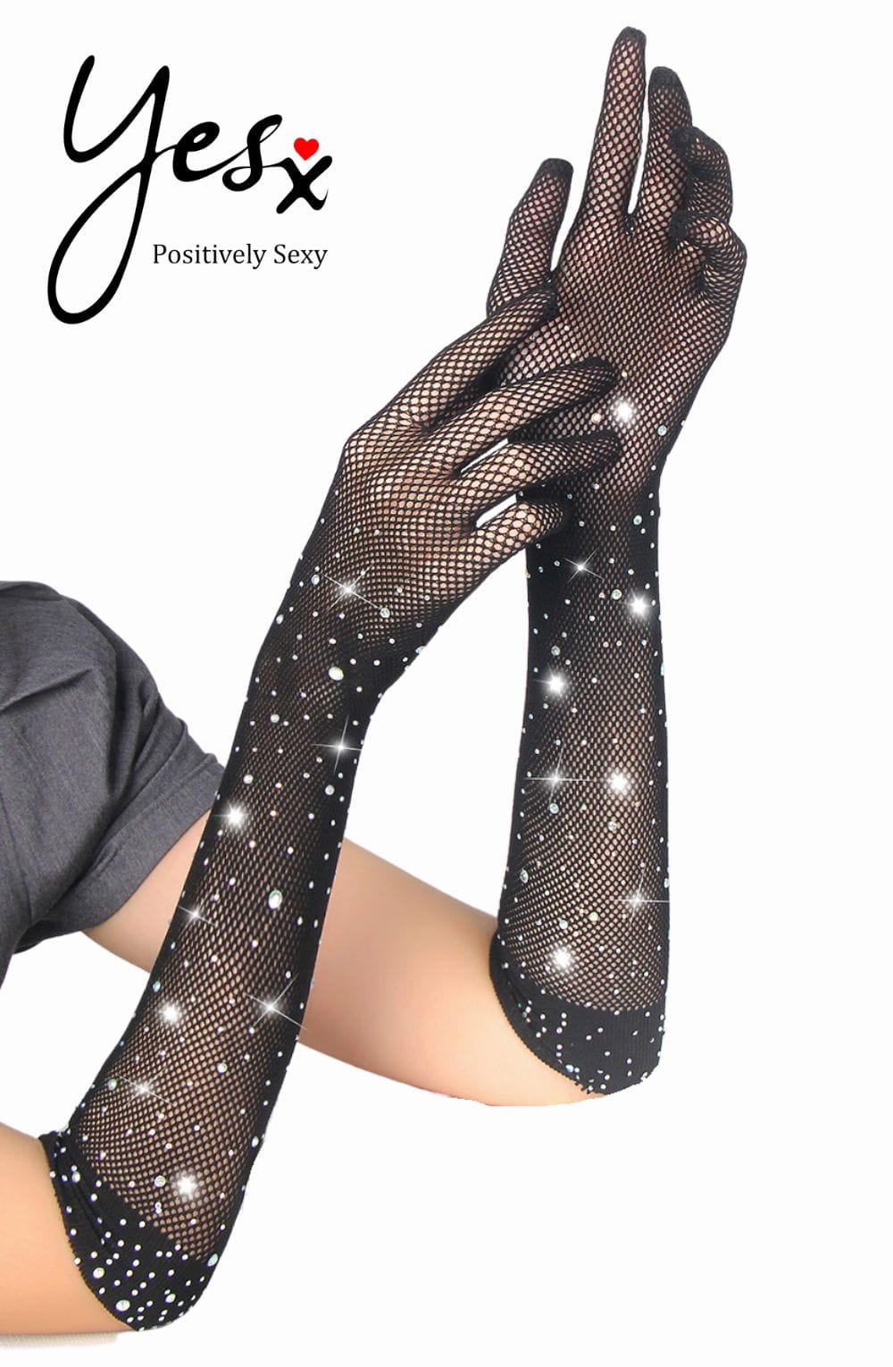 Yesx Black Fishnet Gloves with Rhinestones Sparkly Design - Bodybloom