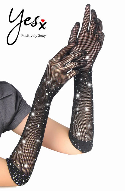 Yesx Black Fishnet Gloves with Rhinestones Sparkly Design - Bodybloom