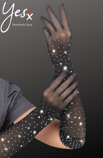 Yesx Black Fishnet Gloves with Rhinestones Sparkly Design - Bodybloom