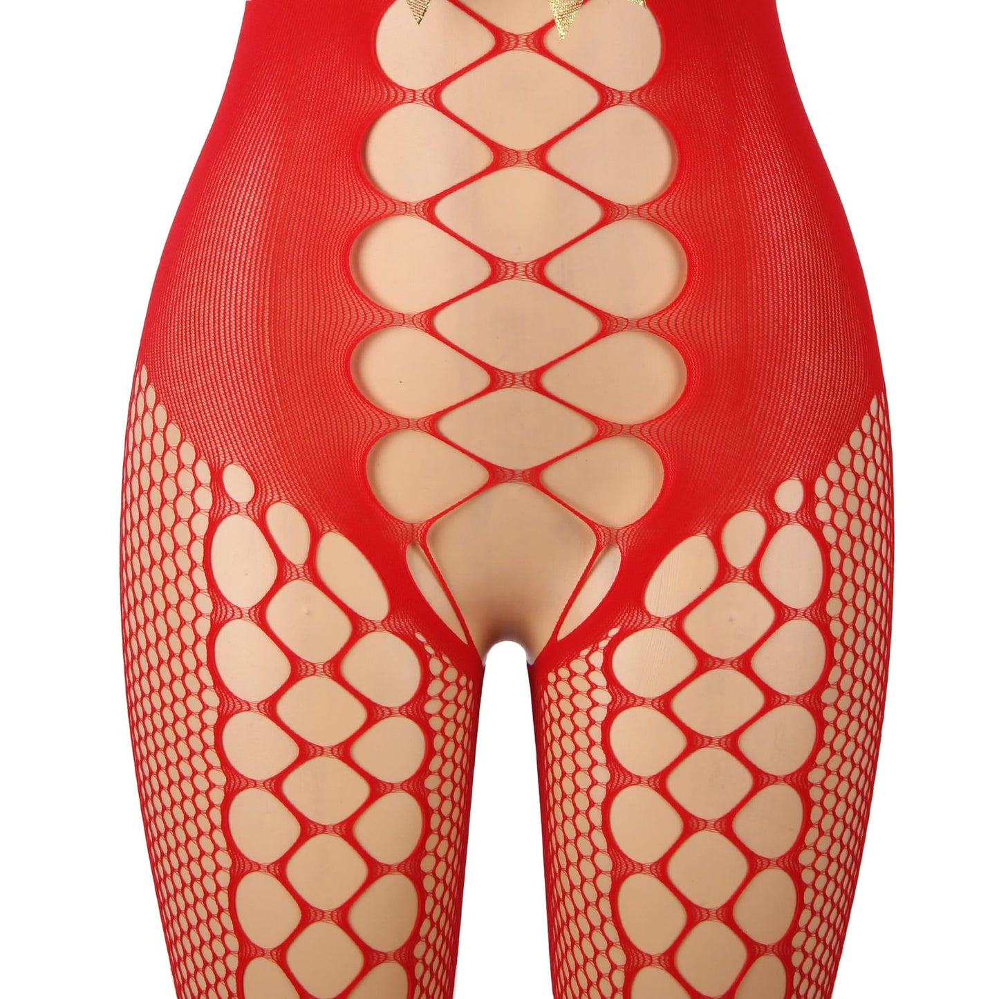 YesX Christmas Red lightweight mesh Lace Mesh Jumpsuit with Fluffy Gold Bow Trim - Bodybloom