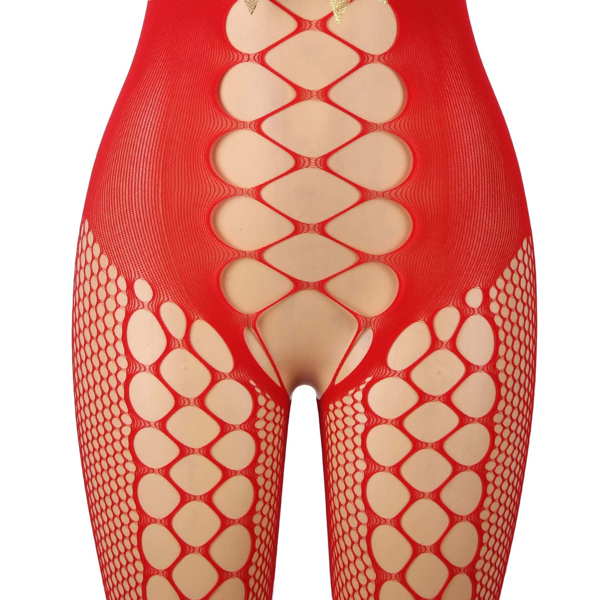 YesX Christmas Red lightweight mesh Lace Mesh Jumpsuit with Fluffy Gold Bow Trim - Bodybloom