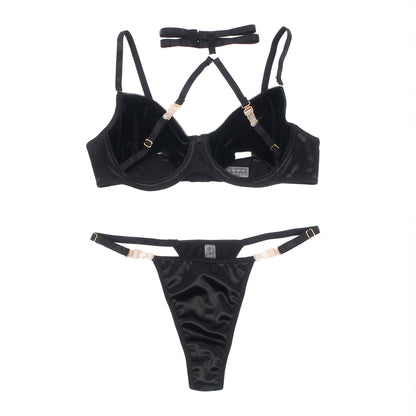 YesX Hollow Cut Halter Bra and Matching Brief Set with Gold Hardware for Women - Bodybloom
