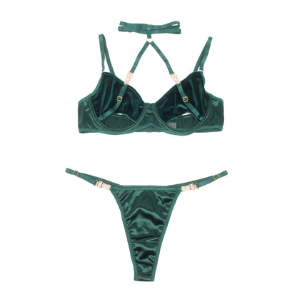 YesX Hollow Cut Halter Bra Set with Velvety Fabric and Gold Hardware - Bodybloom