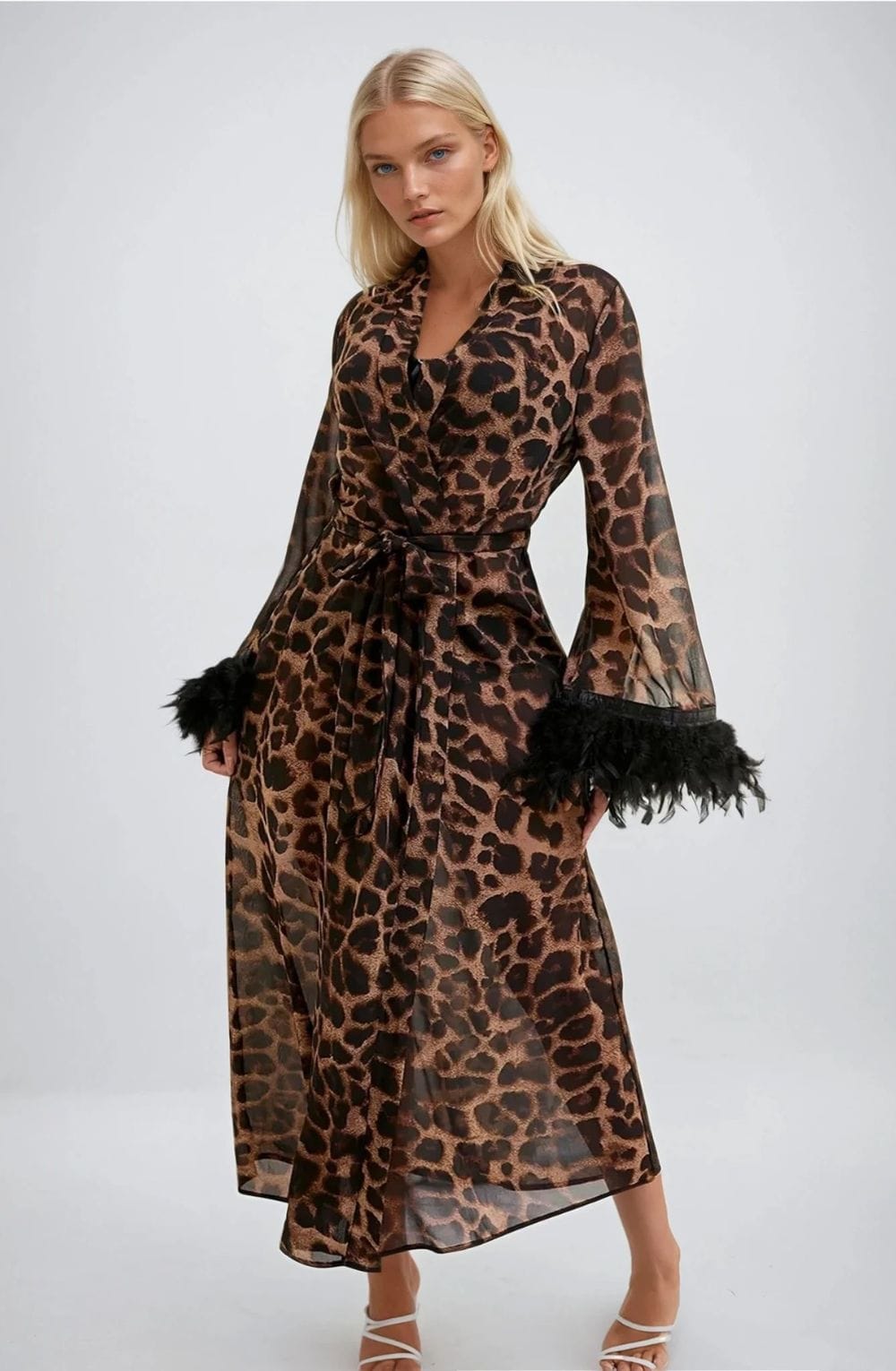 YesX Leopard Print lightweight mesh Robe with Feather Trim and Tie Waist for Women - Bodybloom