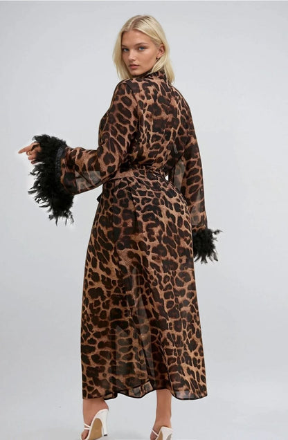 YesX Leopard Print lightweight mesh Robe with Feather Trim and Tie Waist for Women - Bodybloom