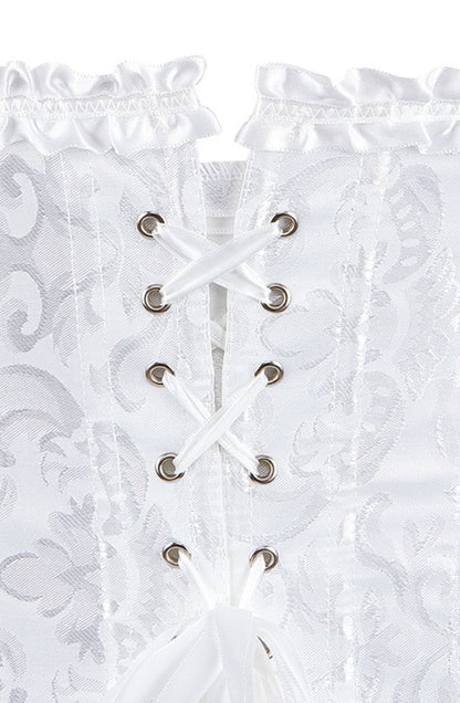 YesX White Brocade Corset with Satin Trim and Lace - Up Back, Sizes up to 2XL - Bodybloom