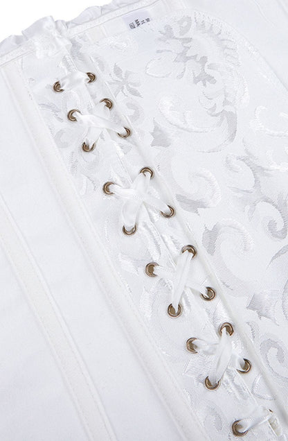 YesX White Brocade Corset with Satin Trim and Lace - Up Back, Sizes up to 2XL - Bodybloom