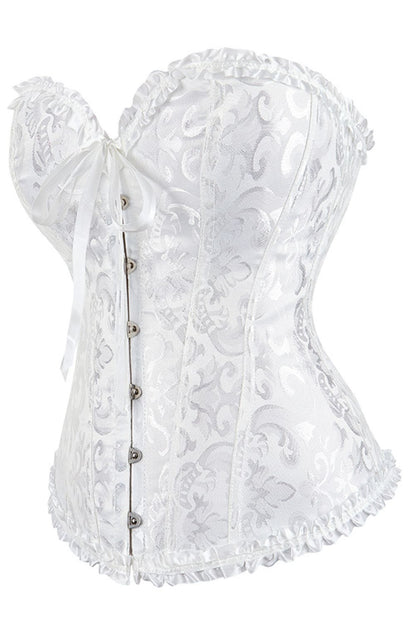 YesX White Brocade Corset with Satin Trim and Lace - Up Back, Sizes up to 2XL - Bodybloom