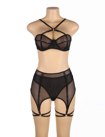 YesX YX Three Piece Bra Set with Mesh Lace waist detail Belt, Matching Brief, and Leg Rings Black - Bodybloom