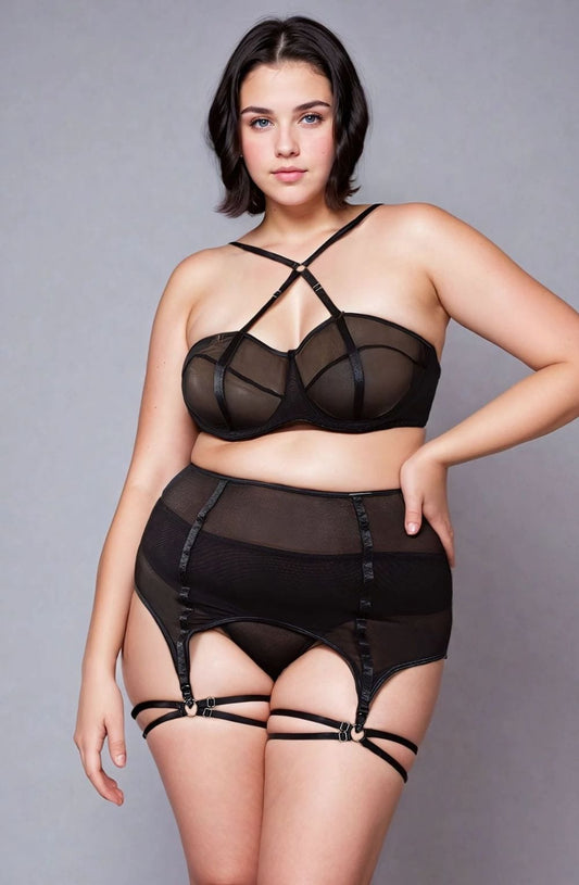 YesX YX Three Piece Plus Size Bra Set with Black Mesh waist detail Belt Matching Brief and Leg Rings - Bodybloom