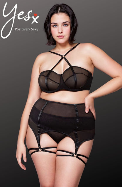 YesX YX Three Piece Plus Size Bra Set with Black Mesh waist detail Belt Matching Brief and Leg Rings - Bodybloom