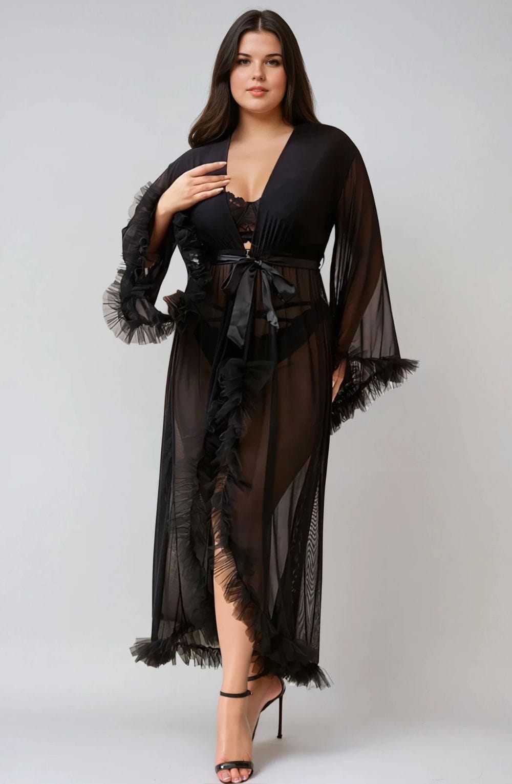YesX YX735Q Sexy Mesh Ruffled Long Robe - Bodybloom