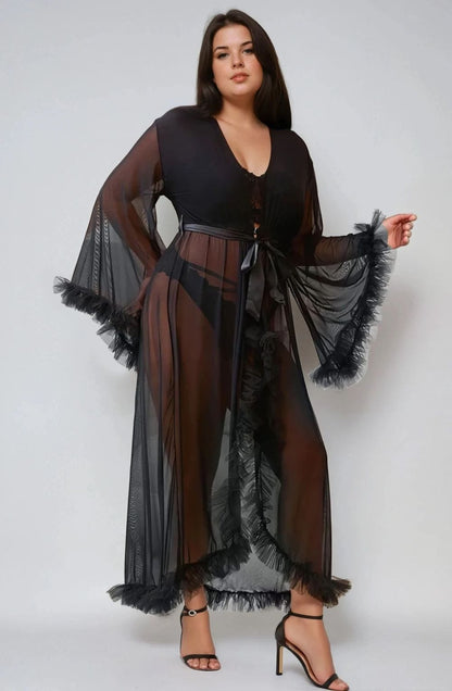 YesX YX735Q Sexy Mesh Ruffled Long Robe - Bodybloom