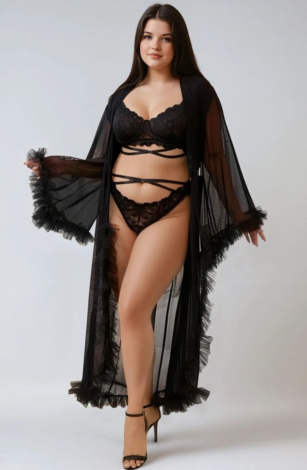 YesX YX735Q Sexy Mesh Ruffled Long Robe - Bodybloom