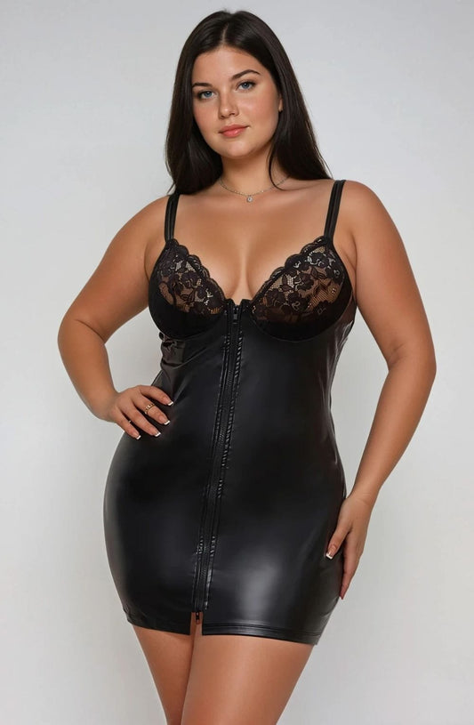 YesX Zippy Plus-Size Black Faux Leather Lace Mini Dress with Front Zipper - Bodybloom