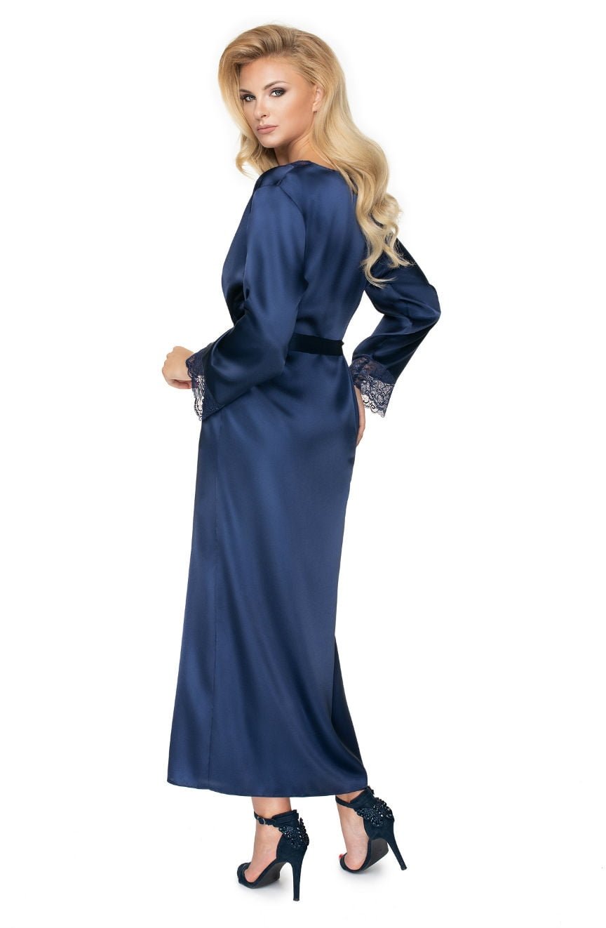 Irall Yoko Navy Blue Satin Dressing Gown with Lace Detail