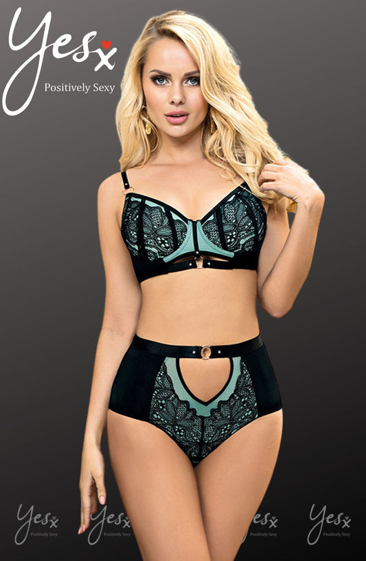 YesX Blue Bra Set with Black Lace Underwire and Matching Brief in Satin Bag