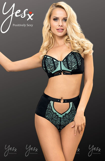 YesX Blue Bra Set with Black Lace Underwire and Matching Brief in Satin Bag