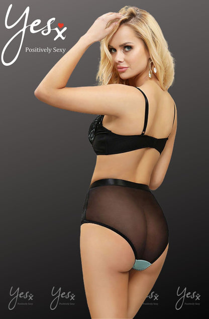 YesX Blue Bra Set with Black Lace Underwire and Matching Brief in Satin Bag