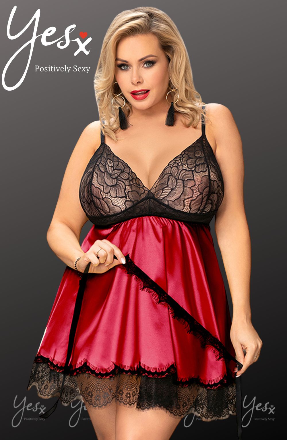 YesX Red Satin Halter Dress with Black Lace Cups and Matching Blindfold Set