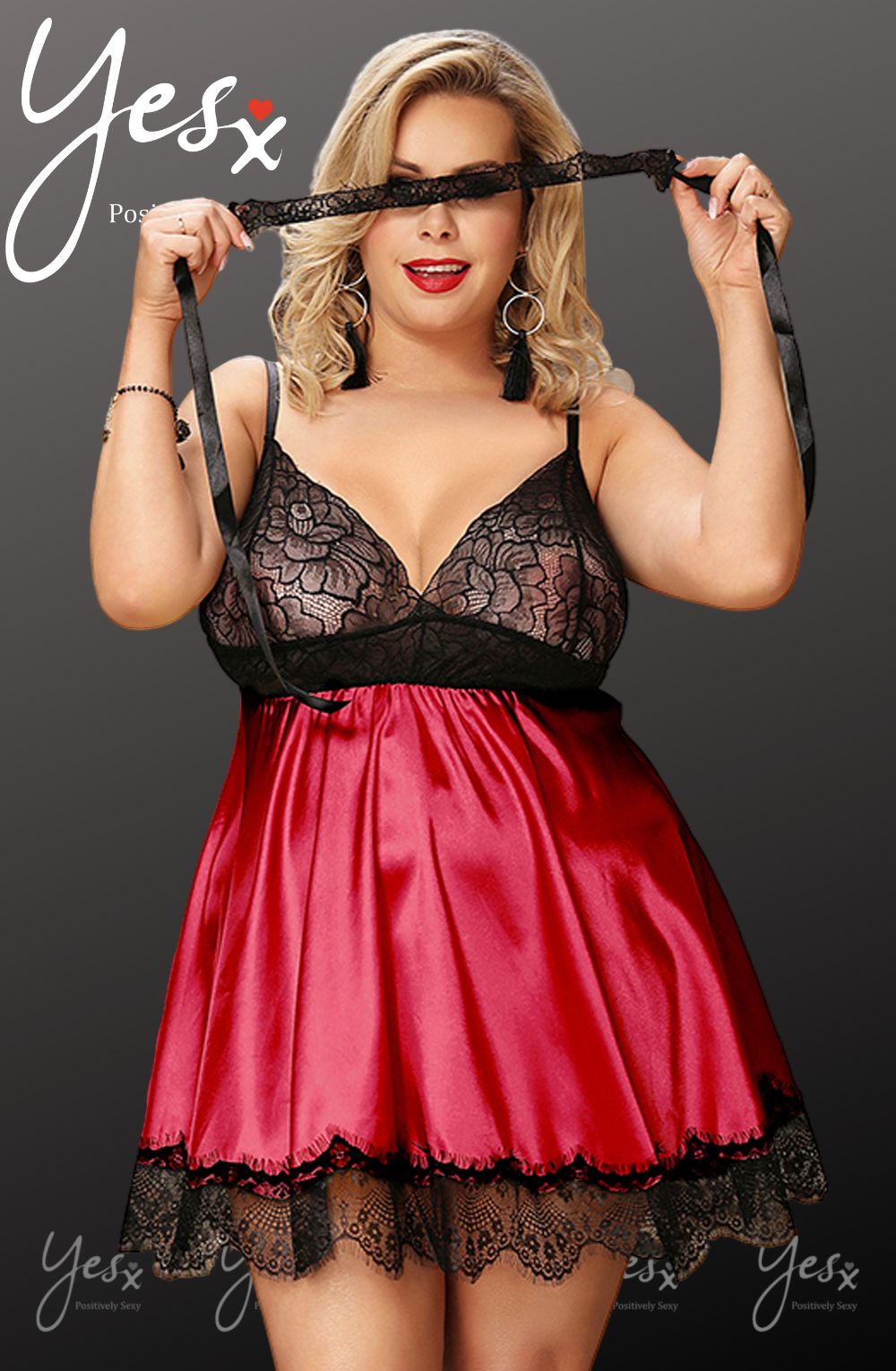 YesX Red Satin Halter Dress with Black Lace Cups and Matching Blindfold Set