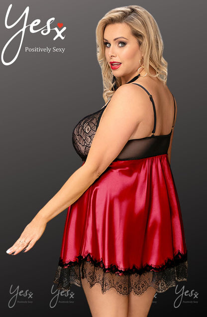 YesX Red Satin Halter Dress with Black Lace Cups and Matching Blindfold Set