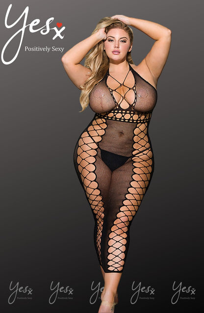 YesX Mesh Jumpsuit Dress with Side Panels and Halter Neck Design