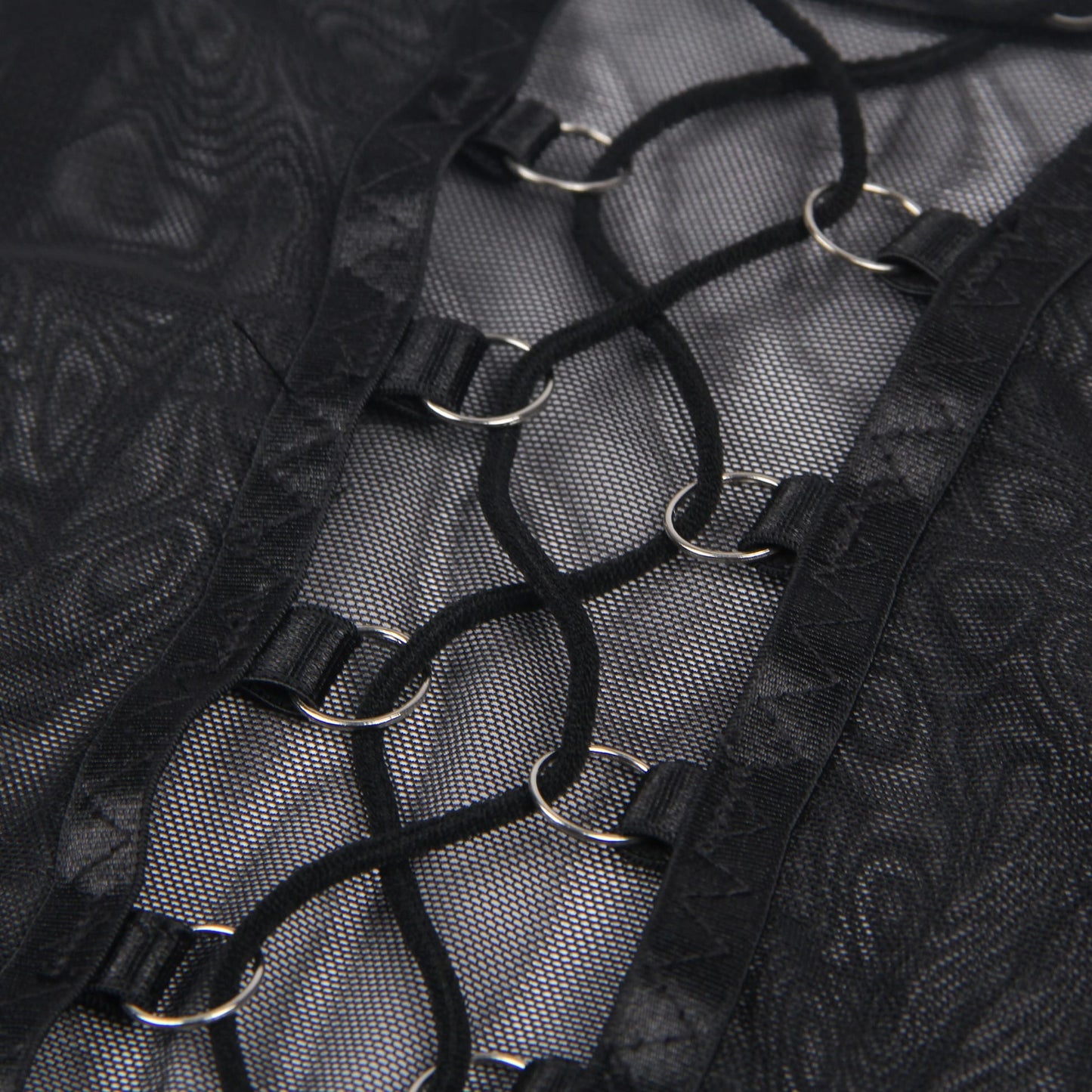 YesX YX Three Piece Bra Set with Mesh Lace waist detail Belt, Matching Brief, and Leg Rings Black